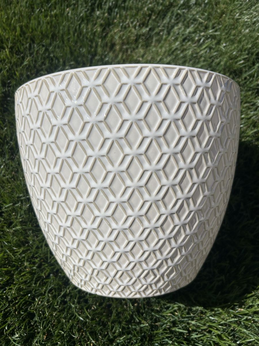 Geometric Pattern White Ceramic Planter Pot - Modern Home & Garden Decor