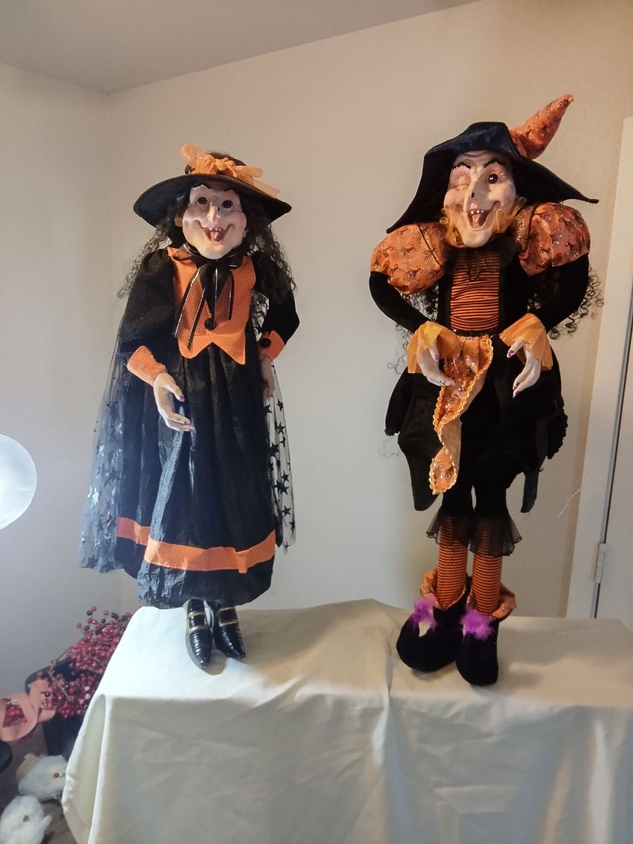 Set of 2 Halloween Witch Decor Figures Standing Dolls Orange Black