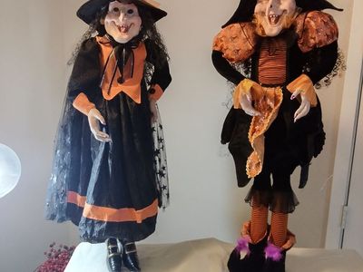 Set of 2 Halloween Witch Decor Figures Standing Dolls Orange Black