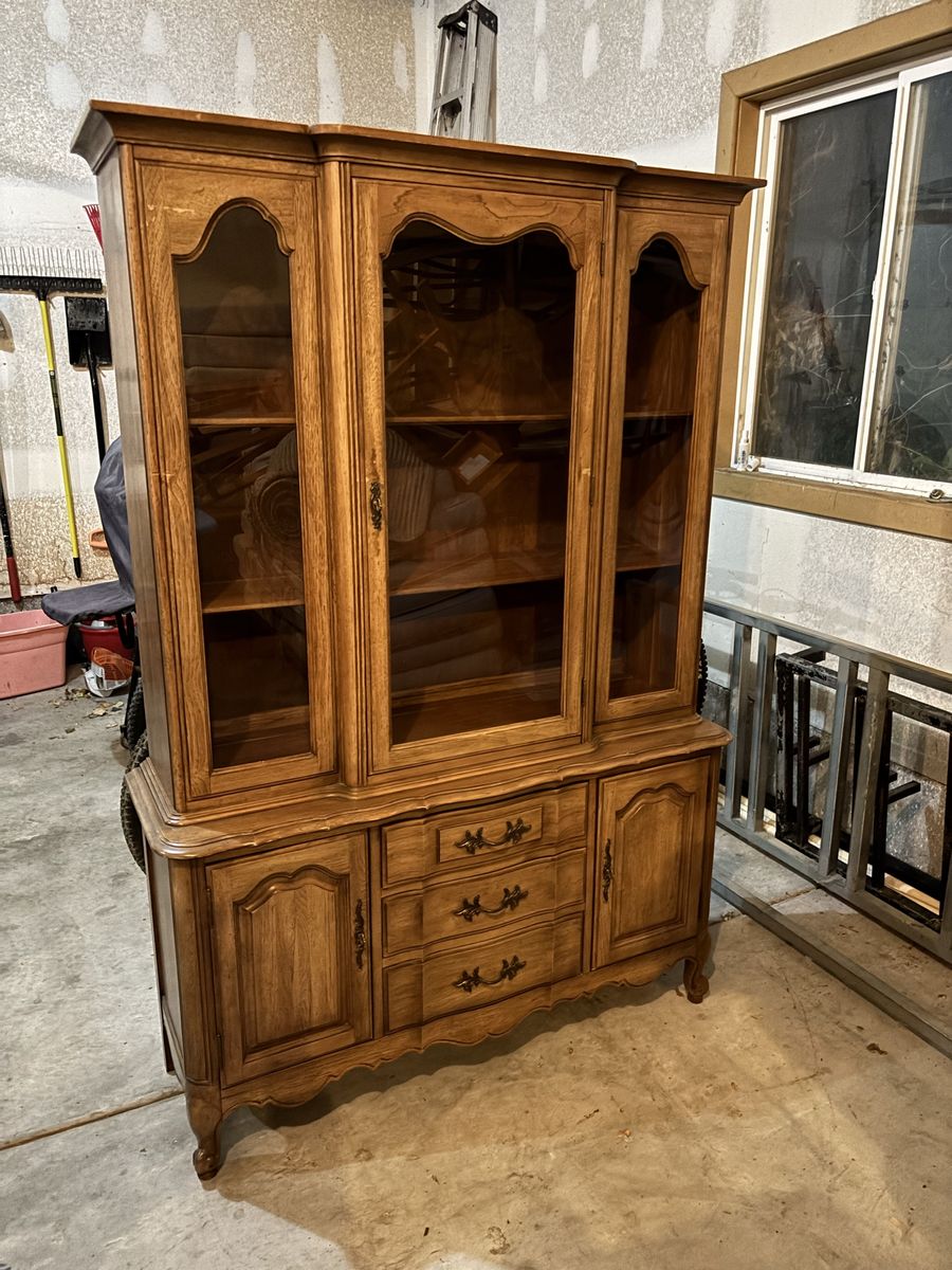 Vintage Wooden Hutch Display Cabinet with Glass Doors and Storage Drawers