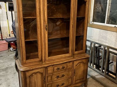Vintage Wooden Hutch Display Cabinet with Glass Doors and Storage Drawers