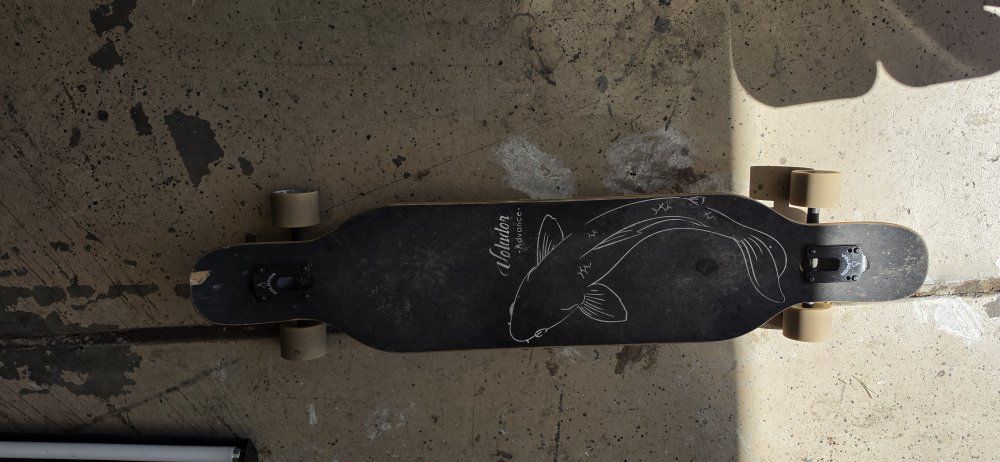 Volador Advance Longboard Skateboard - Black with Koi Fish Design