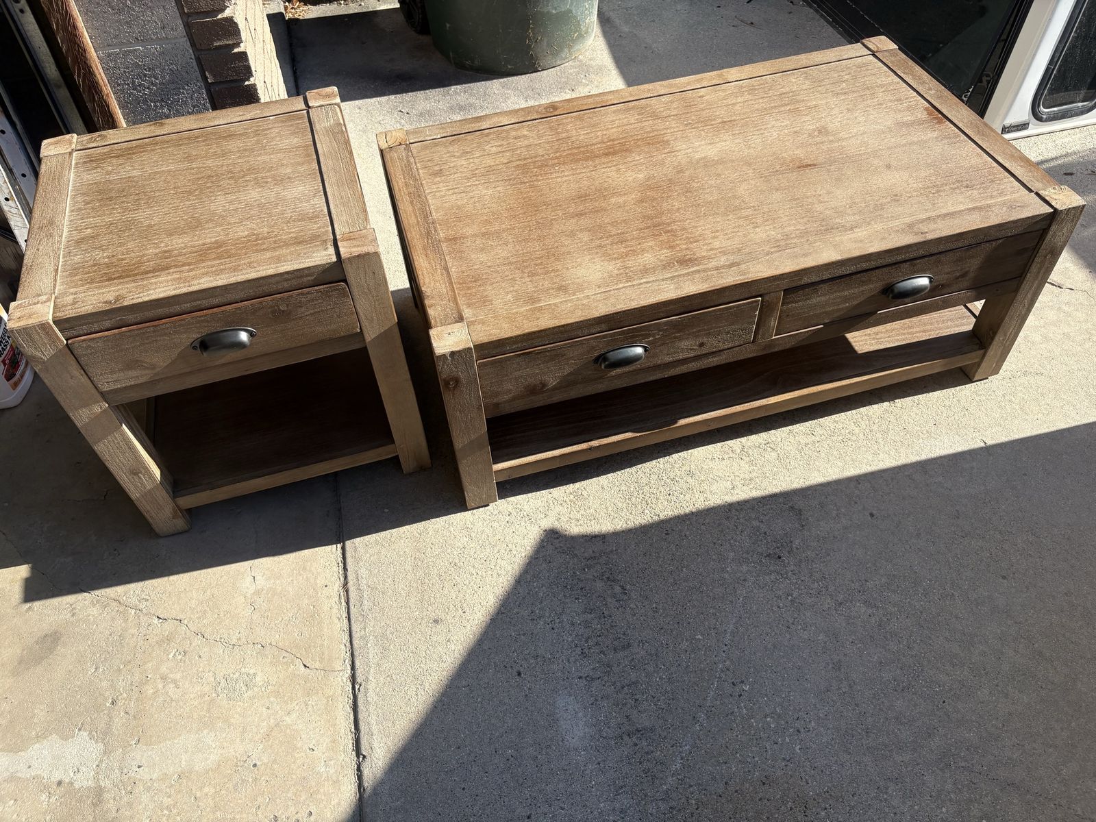 Rustic Wood End Table & Coffee Table Set - Storage Drawers & Shelves