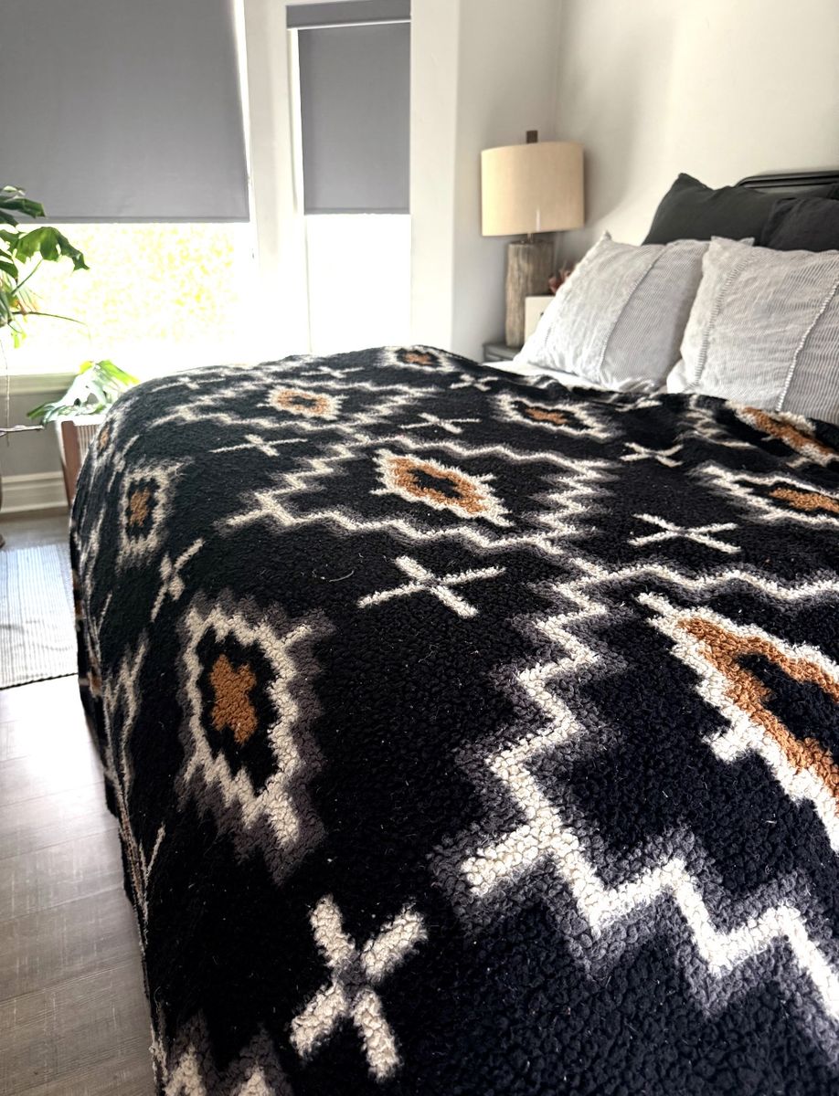 Aztec Tribal Print Sherpa Fleece Throw Blanket, Black/Brown/White Pattern