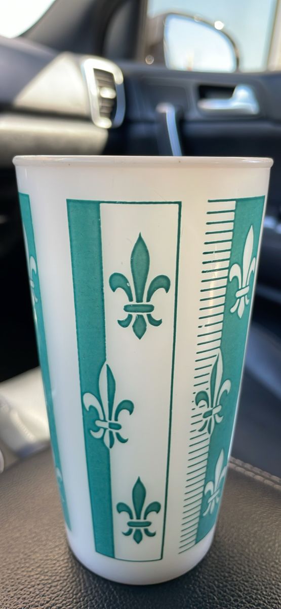 vintage Hazel Atlas turquoise fleur de lis milk glass tumblers from the 1950s