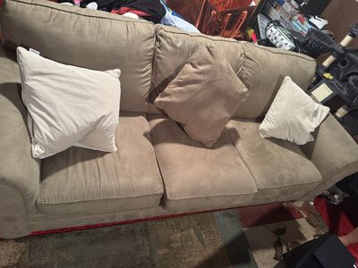* FREE* Beige Microfiber 3-Cushion Sofa Couch with Throw Pillows