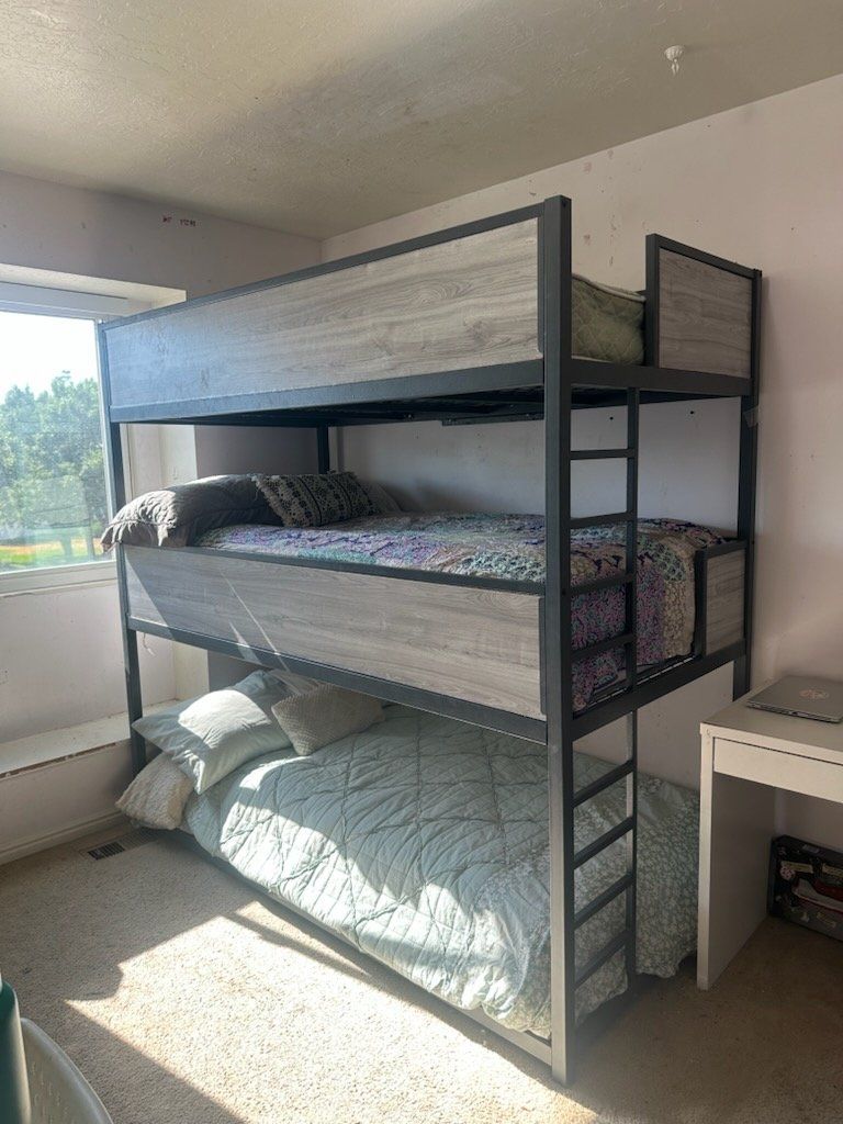 Triple Bunk Bed Frame Metal and Wood Gray Finish