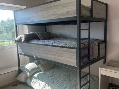Triple Bunk Bed Frame Metal and Wood Gray Finish