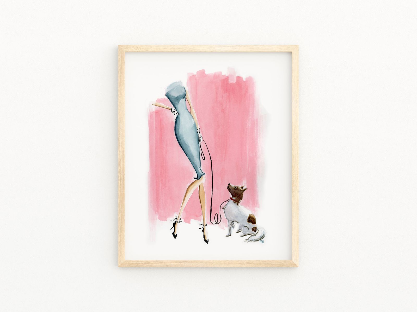 Watercolor Fashion Illustration Art Print: Elegant Woman with Dog on Pink Background