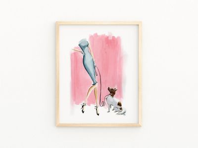 Watercolor Fashion Illustration Art Print: Elegant Woman with Dog on Pink Background