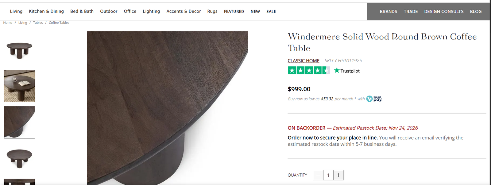 Windermere Solid Wood Round Brown Coffee Table