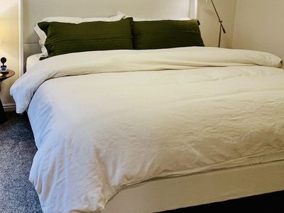 King Upholstered Wingback Bed Frame with Wooden Slats (Optional Mattress)