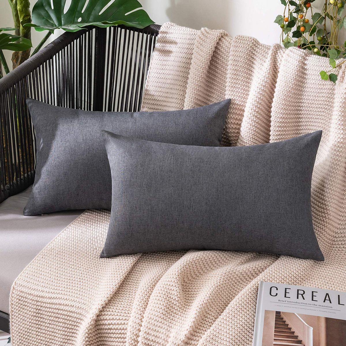 2-Pack Gray Linen Throw Pillow Covers 12x20 Inch for Couch Bed with Invisible Zipper