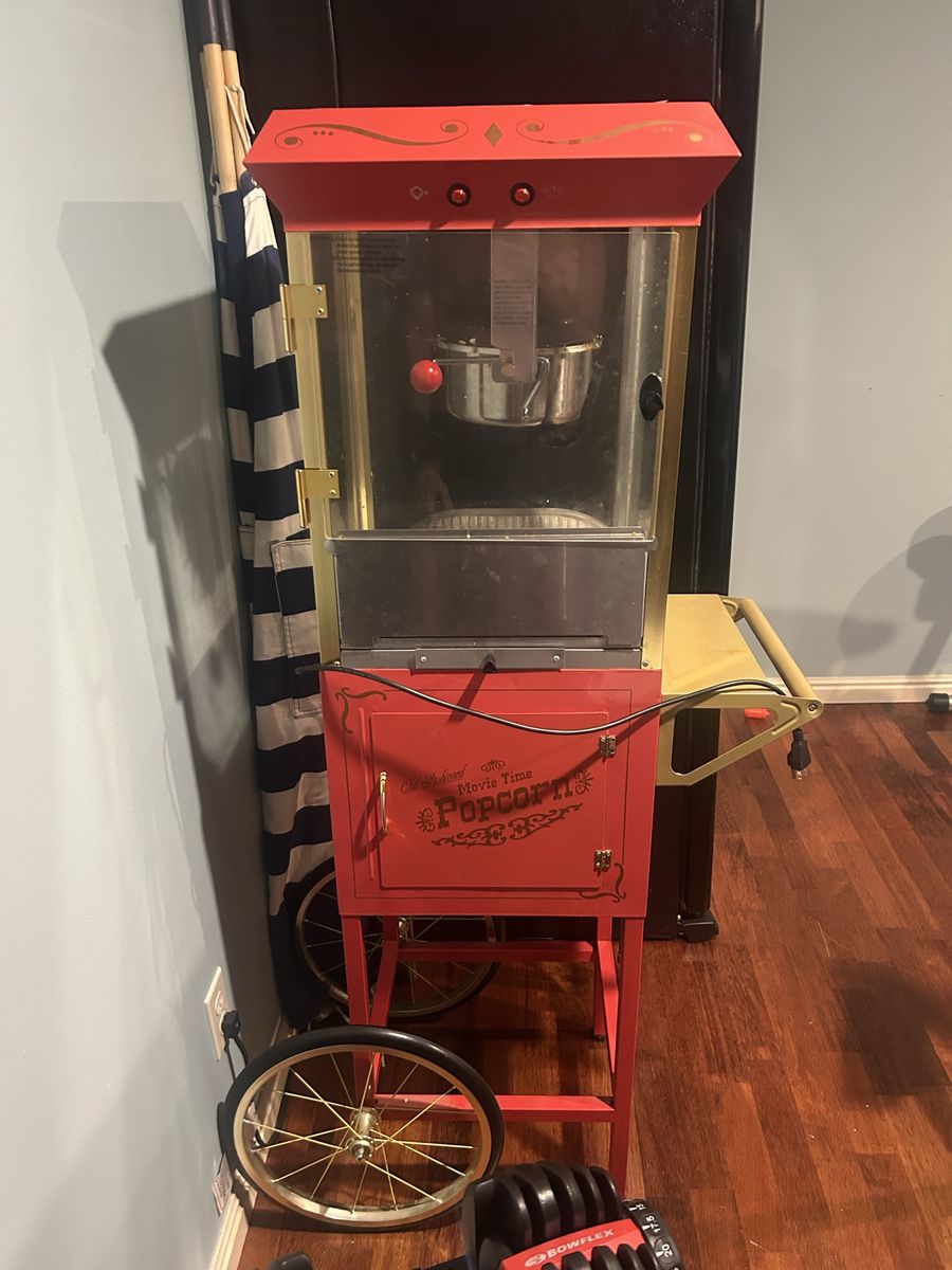 Vintage Style Movie Time Red Popcorn Popper Machine with Cart