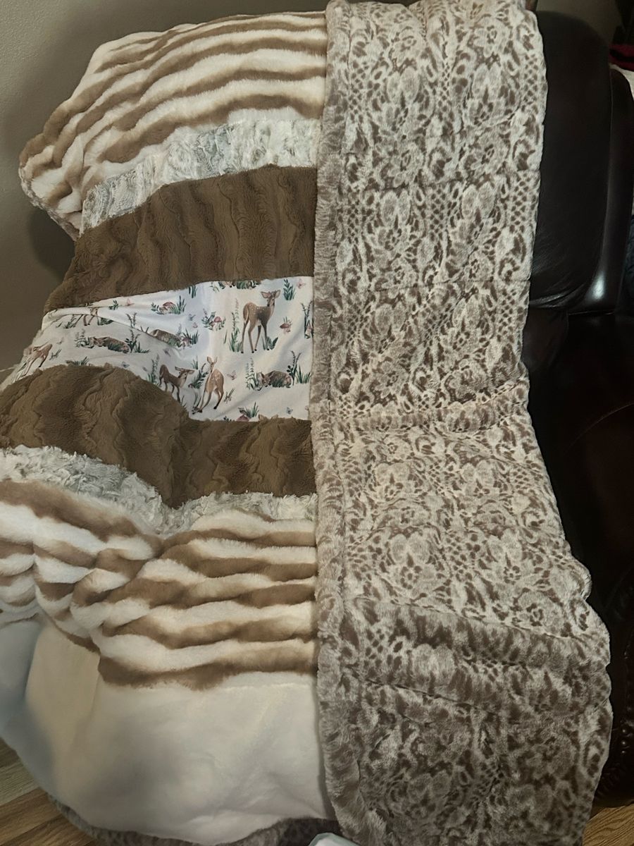 Handcrafted Deer Woodland Scene Minky style fabric Blanket - Brown/White
