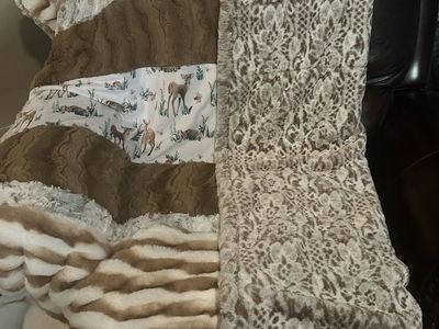 Handcrafted Deer Woodland Scene Minky style fabric Blanket - Brown/White