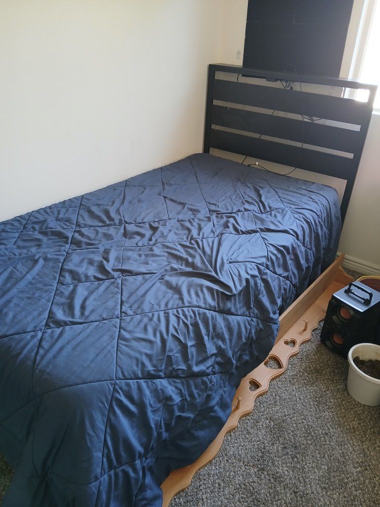 Twin Size Bed Frame with Headboard, sheets, and Mattress