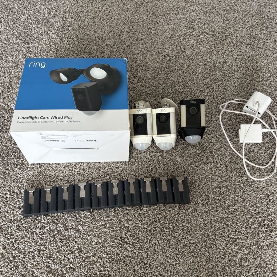 Ring Floodlight Cam Wired Plus, 3 Ring Stick Up Cams, and 17 Ring Quick Release Battery Packs