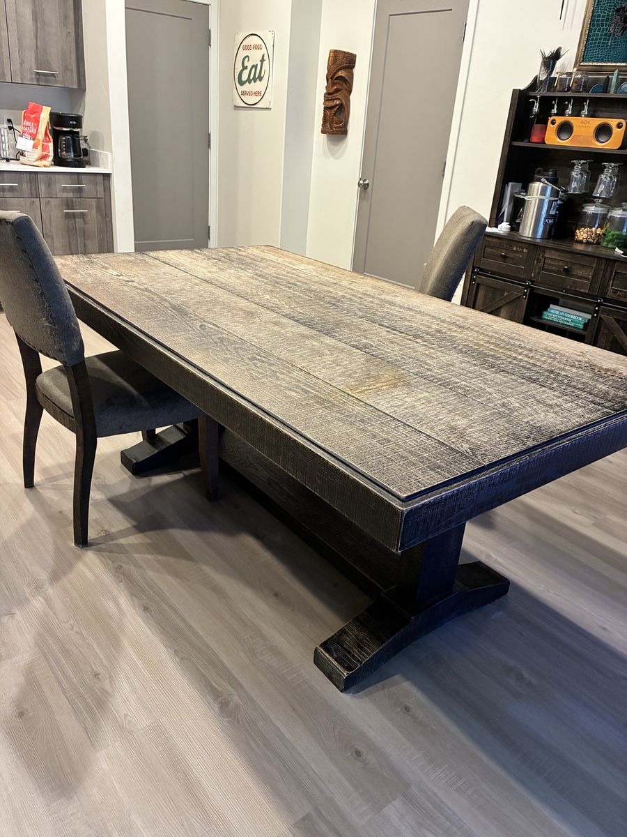 Rustic Farmhouse Style Trestle Dining Table with Weathered Wood Finish - Large, Sturdy Design