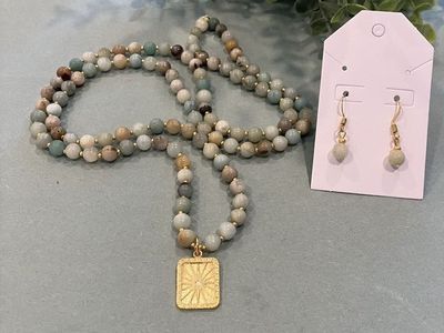 Beaded Amazonite Gemstone Necklace & Matching Drop Style Earrings
