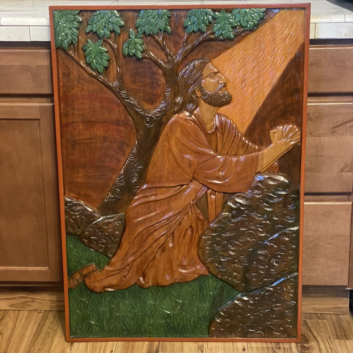 Hand-Carved Wood Jesus in Gethsemane Wall Art