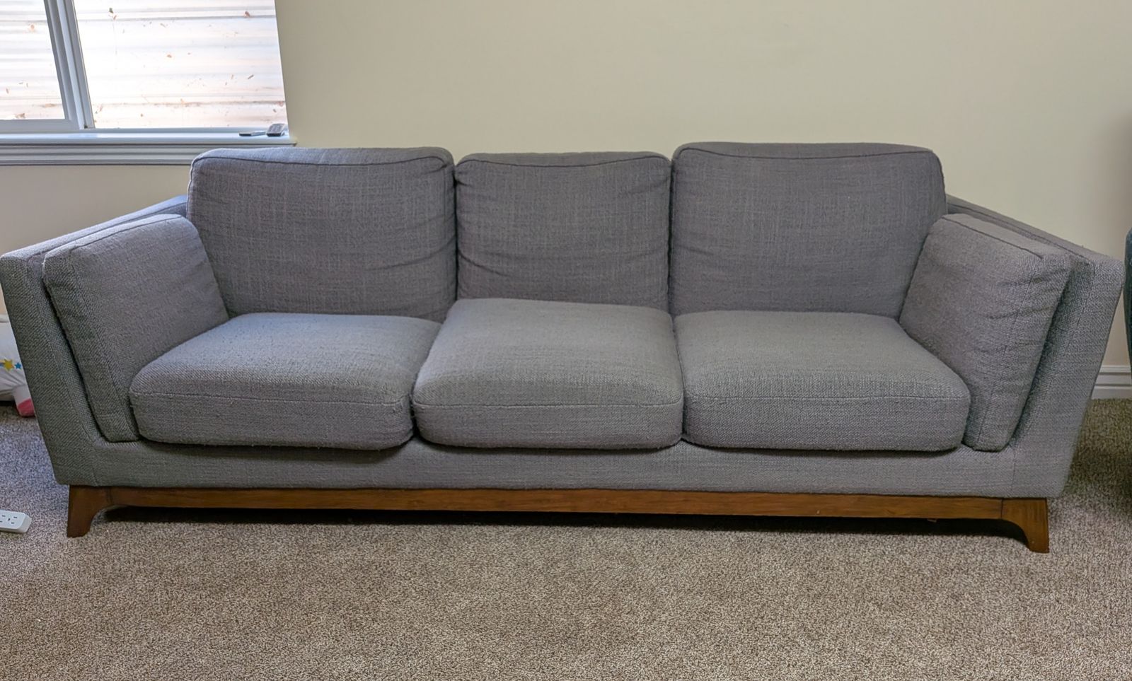 Mid-Century Modern Gray Fabric Sofa with Wood Frame - 3-Seater Couch