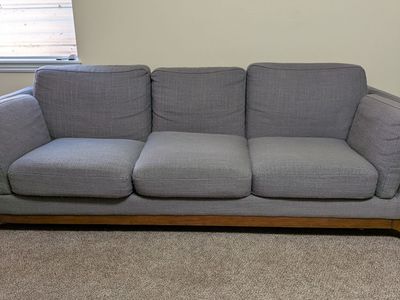 Mid-Century Modern Gray Fabric Sofa with Wood Frame - 3-Seater Couch