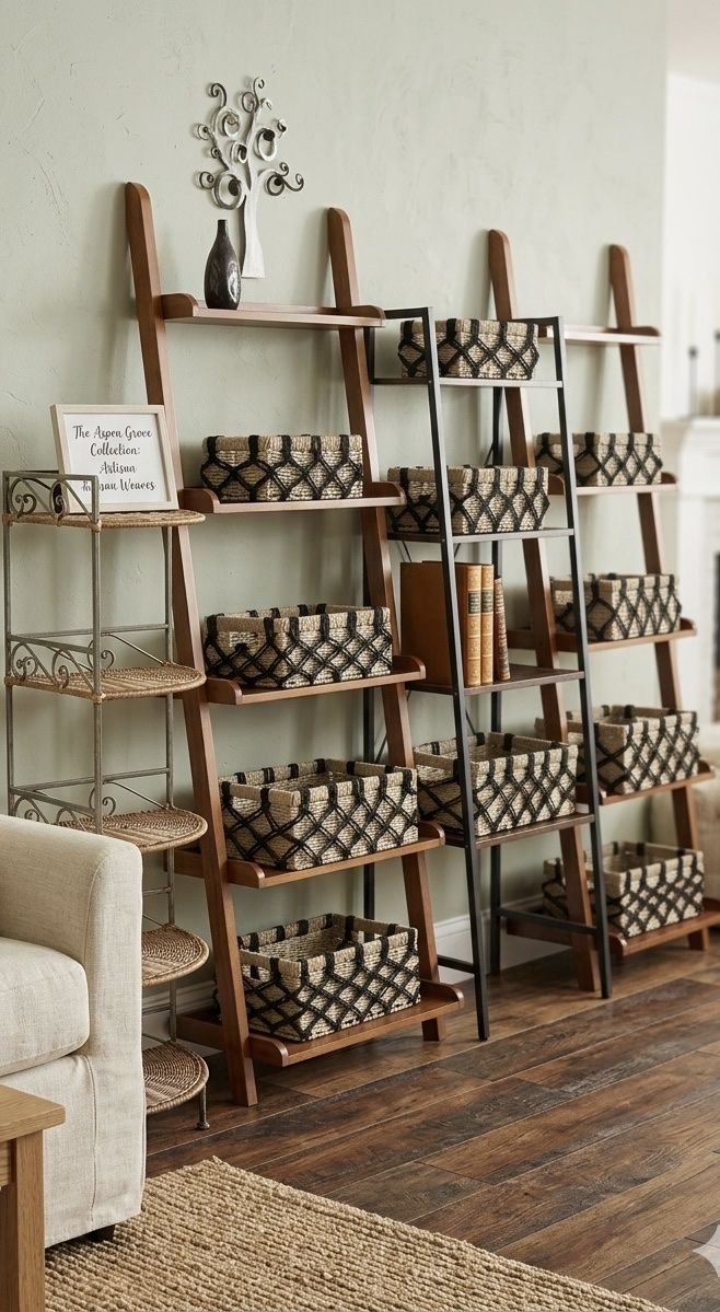 Sapphier Home Ladder Shelf Bookcase with Black and White Woven Baskets - Set of 3