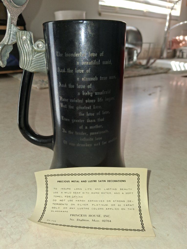 Vintage Princess House Frosted Black Beer Stein Mug with Pewter Lid and Poem