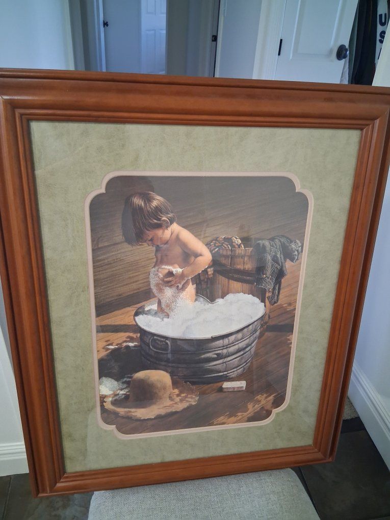 Vintage Framed "Washing Up" Baby Bath Print by Judi Kent