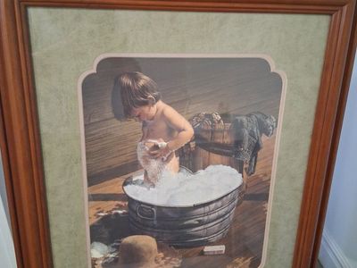 Vintage Framed "Washing Up" Baby Bath Print by Judi Kent
