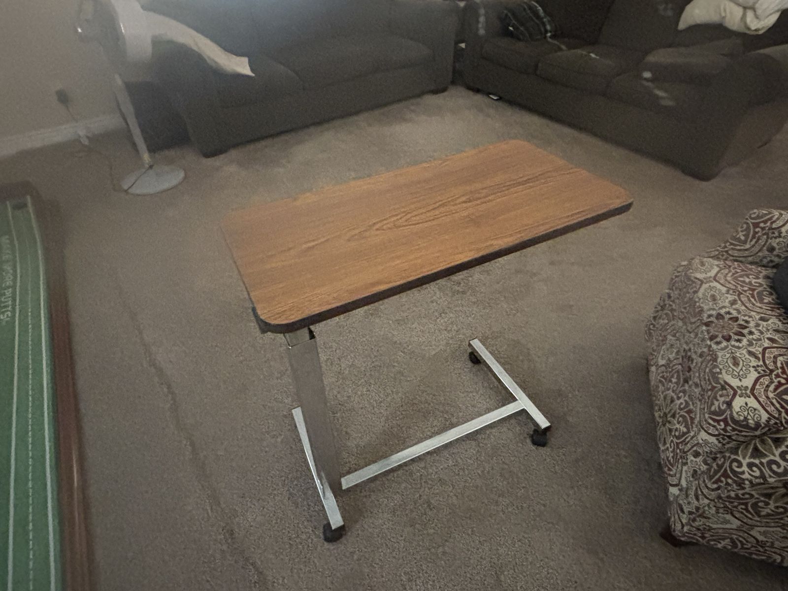 Adjustable Rolling Overbed Table - Wood Grain Laminate Top, Chrome Base