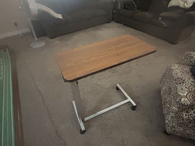 Adjustable Rolling Overbed Table - Wood Grain Laminate Top, Chrome Base