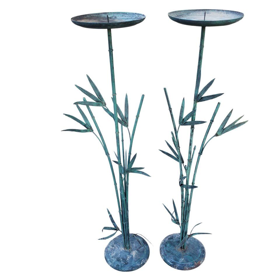 Vintage Metal Green Bamboo Candle Holders