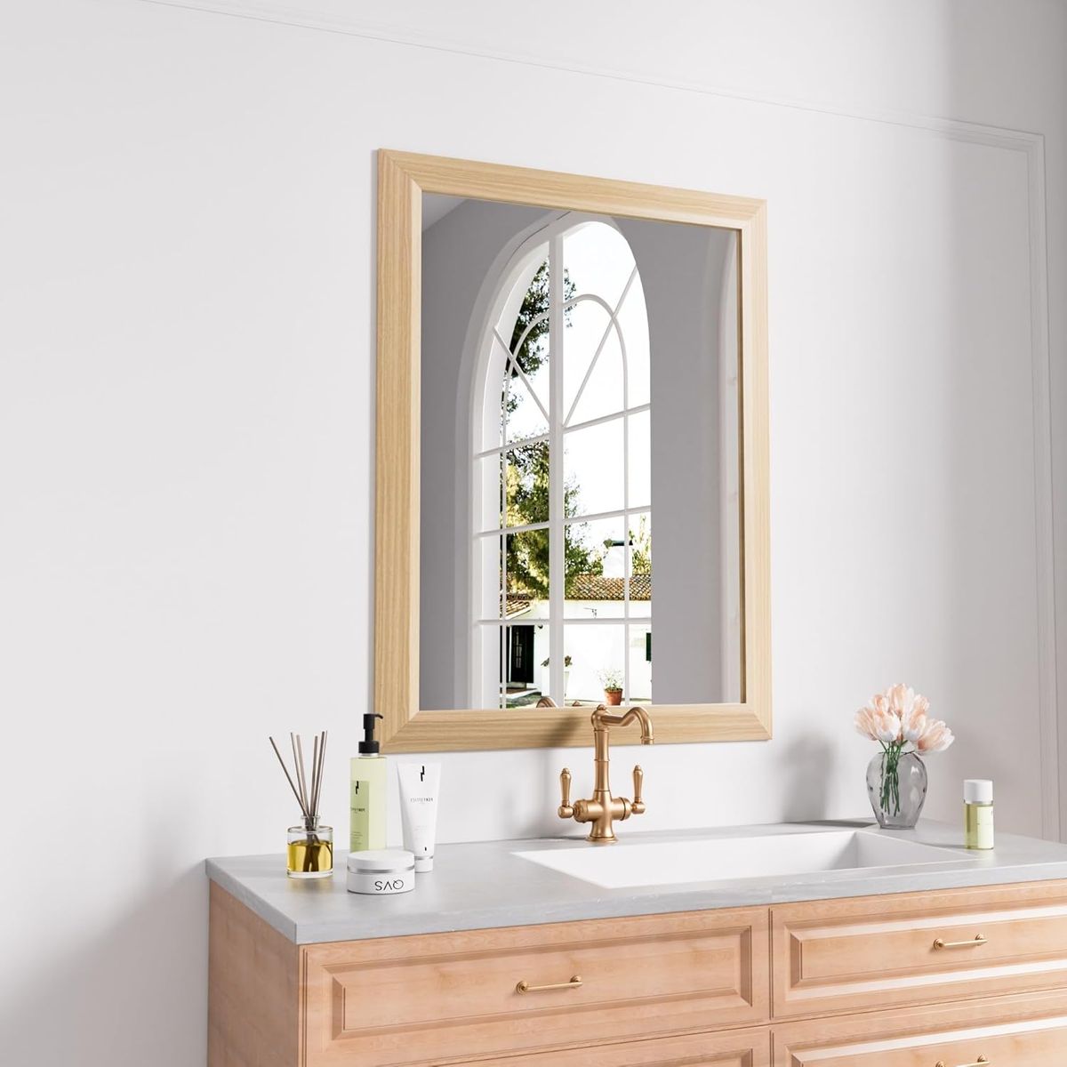 24 x 32" Oak Wood Grain Metal Framed Mirror, Anti-Rust, Hang Horizontally/Vertically