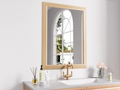 24 x 32" Oak Wood Grain Metal Framed Mirror, Anti-Rust, Hang Horizontally/Vertically