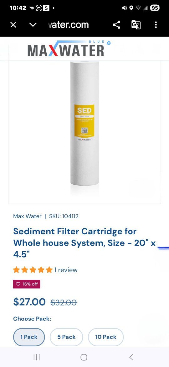 Max Water 20" x 4.5" Sediment Filter Cartridge