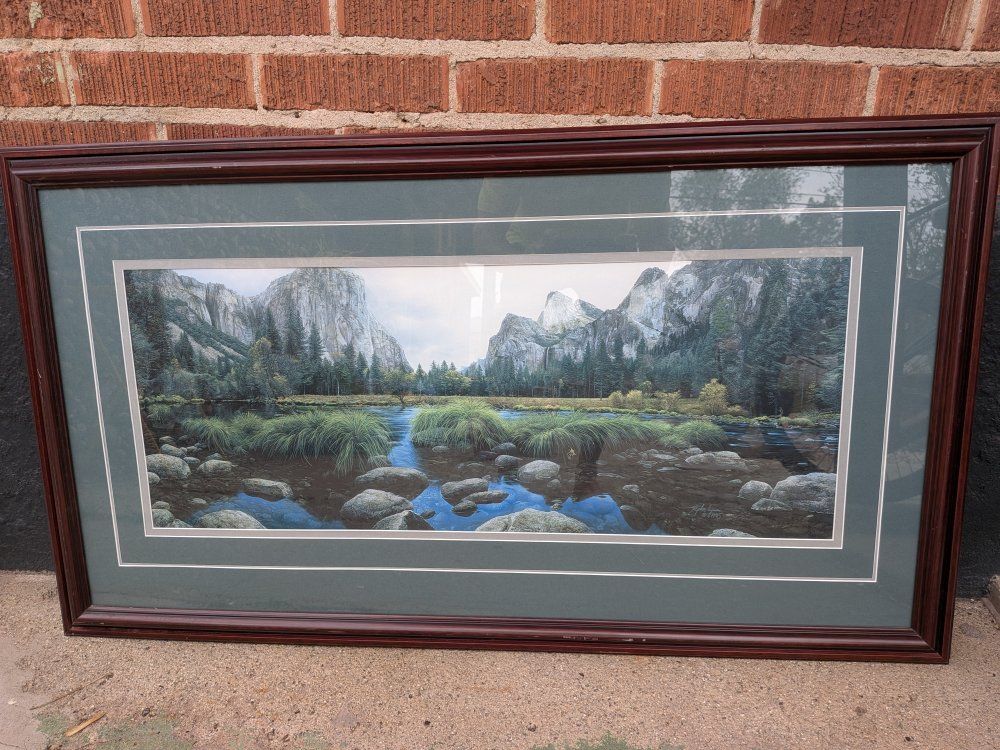 Stephen Lyman Yosemite Valley Panorama "River of Light" Print 1985 Framed Art 26x50