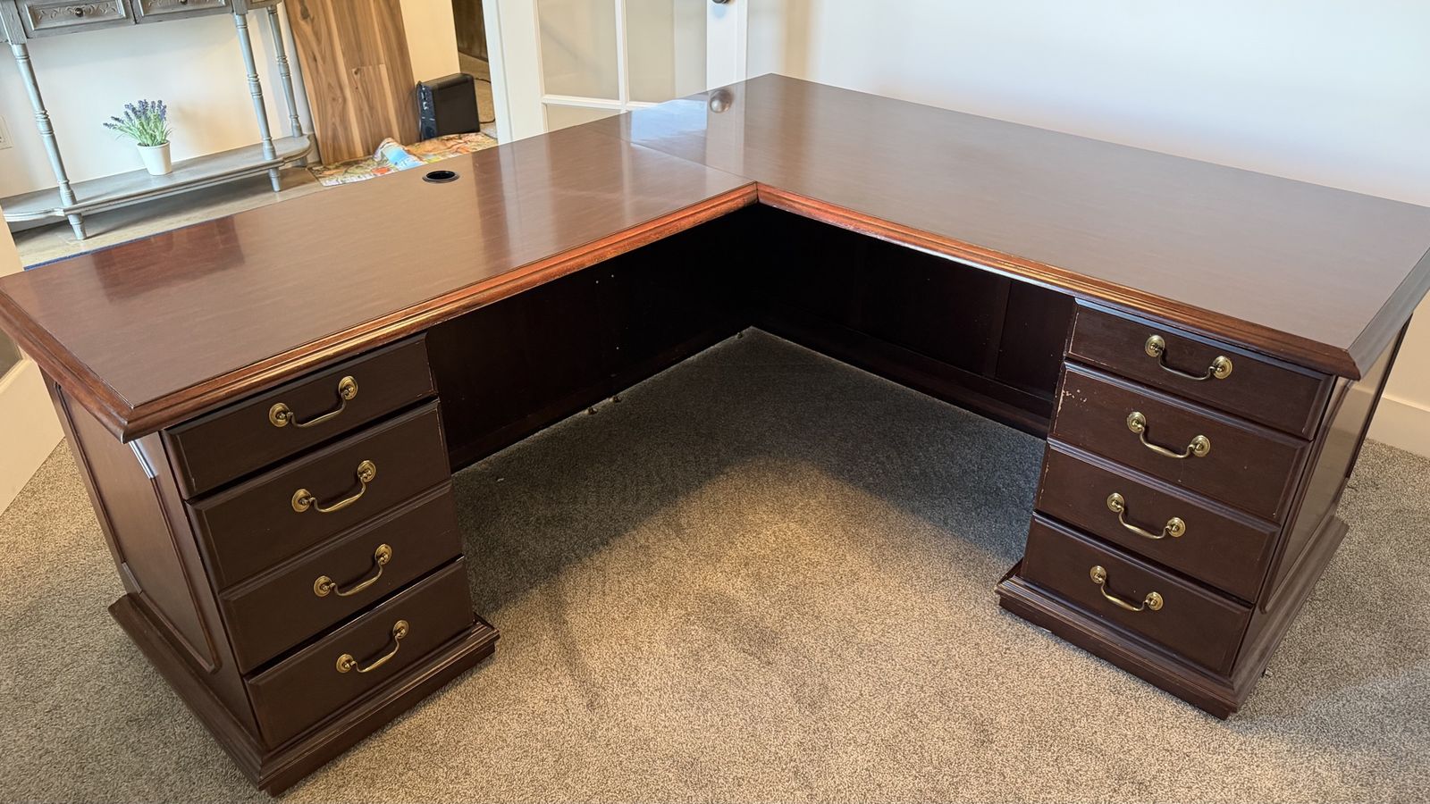 Large L-Shaped Executive Office Desk - Dark Wood Finish with 6 Drawers