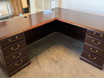 Large L-Shaped Executive Office Desk - Dark Wood Finish with 6 Drawers