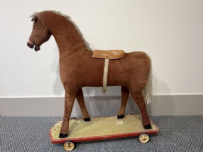 Vintage Large Plush Hobby Horse on Wheels – 30” – Glass Eyes – Wood Platform – Early-Mid-Century