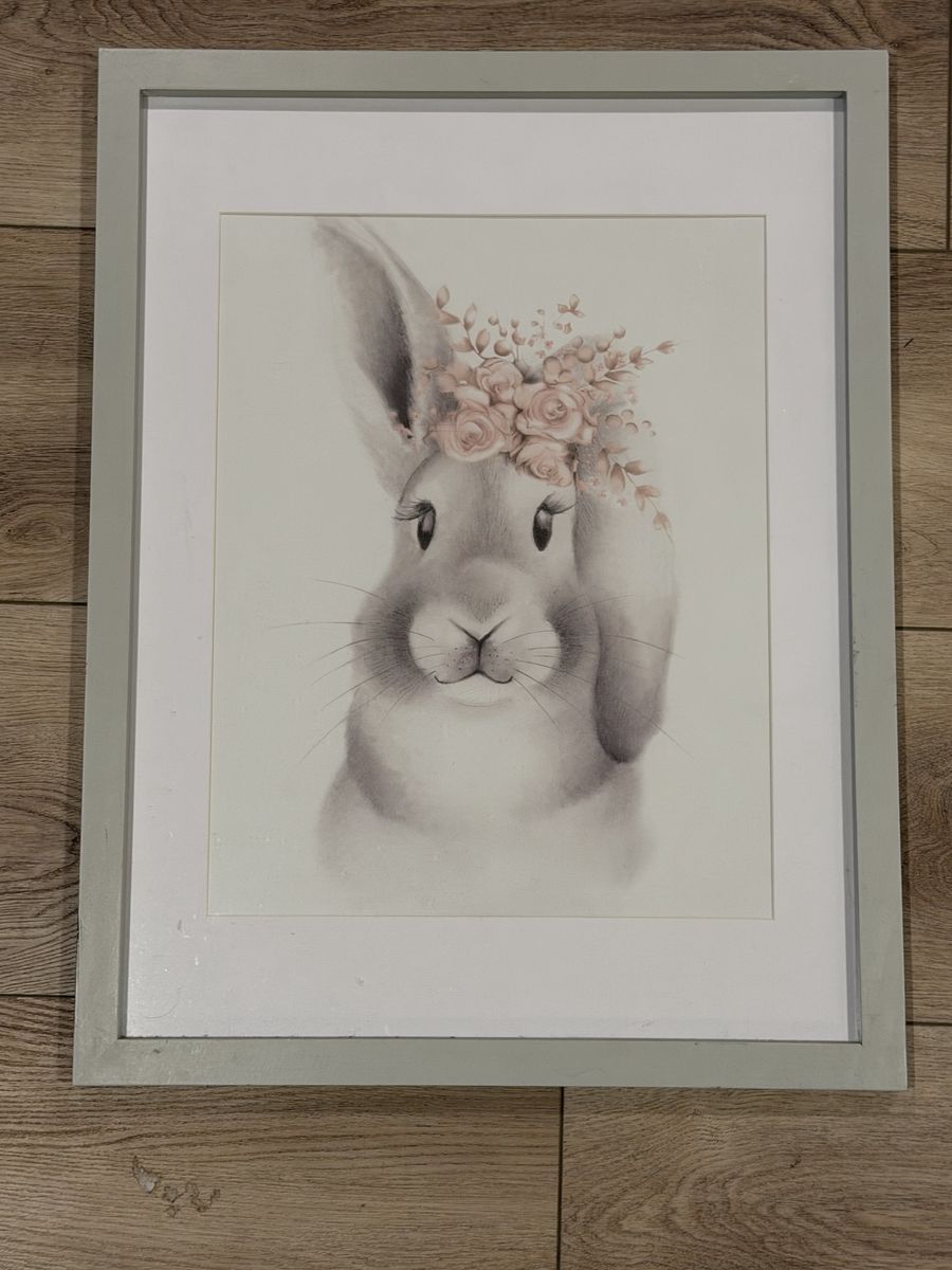 Hobby Lobby Framed Bunny Print with Floral Crown Wall Decor 18.5x24.5 In