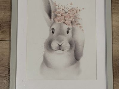 Hobby Lobby Framed Bunny Print with Floral Crown Wall Decor 18.5x24.5 In