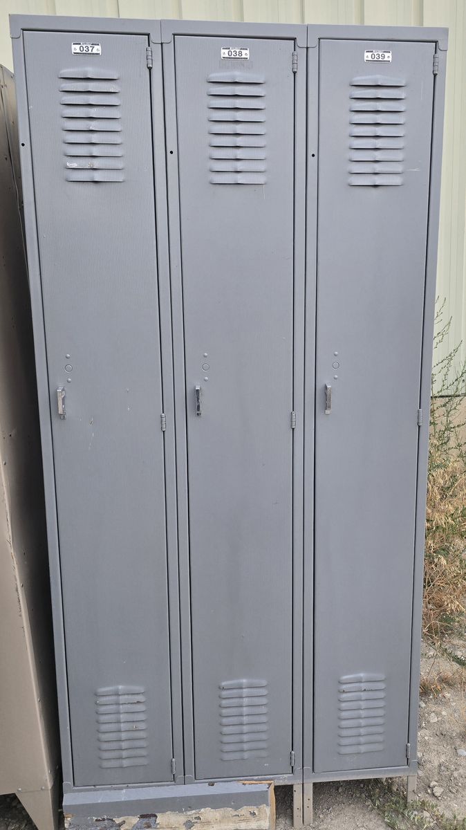 Used Grey Metal Lockers - Set of 3 Industrial Storage Units, Numbers 037, 038, 039