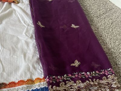 Women's 3-Piece White Shalwar Kameez Suit with Purple Dupatta and Embroidered Trim