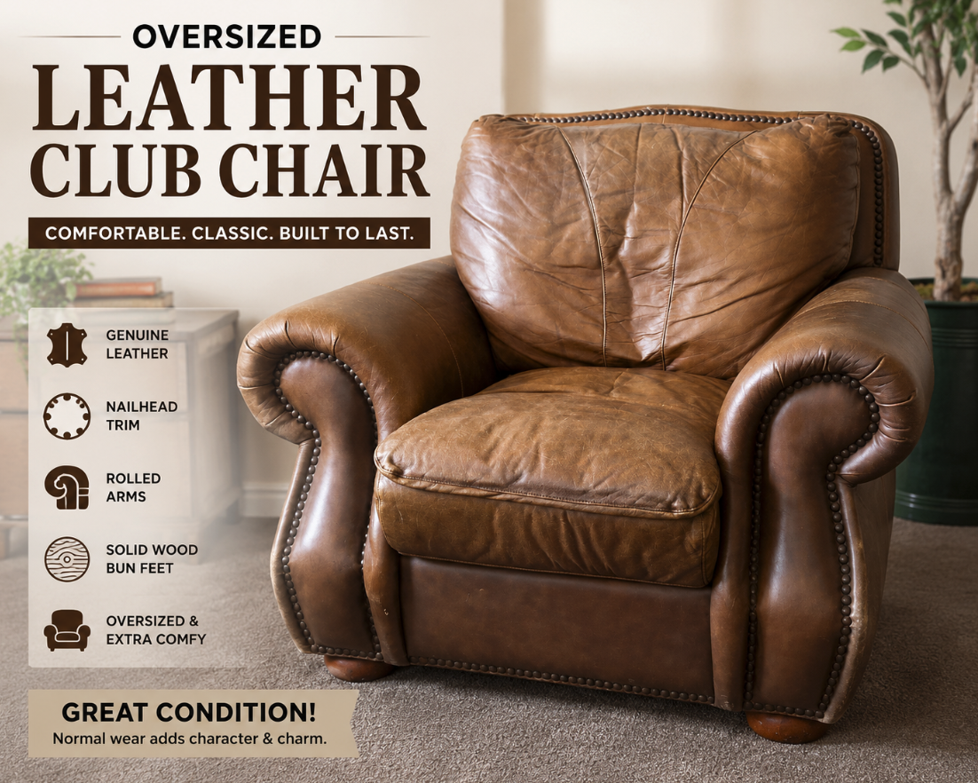 Oversized Genuine Leather Club Chair Brown Nailhead Trim Rolled Arm Accent Chair