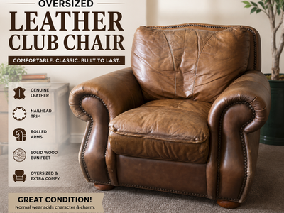 Oversized Genuine Leather Club Chair Brown Nailhead Trim Rolled Arm Accent Chair