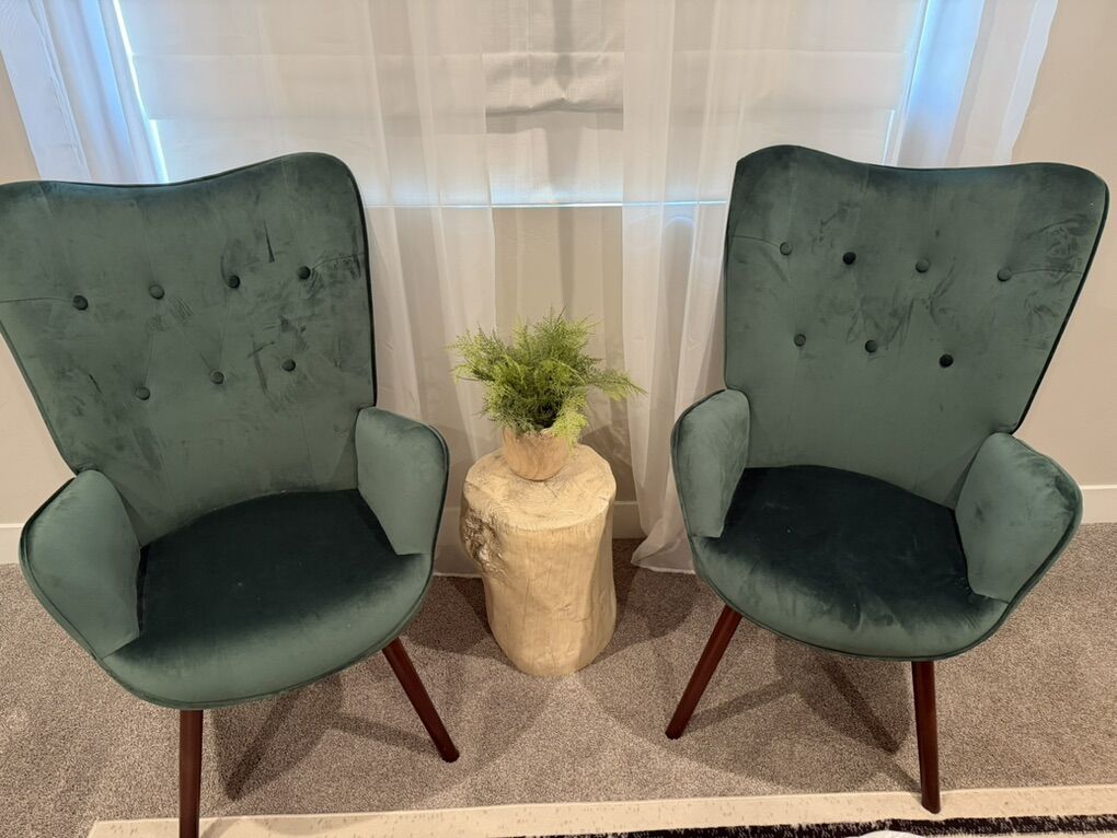 Green Velvet Accent Chairs + side Table