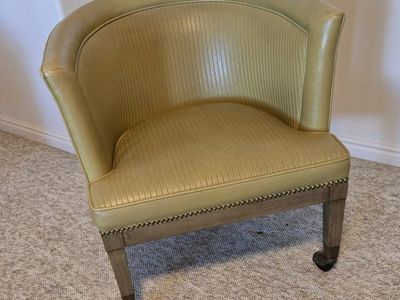 John M. Smyth Co. Vintage Barrel Chair - Green Vinyl & Nailhead Trim, Caster Feet