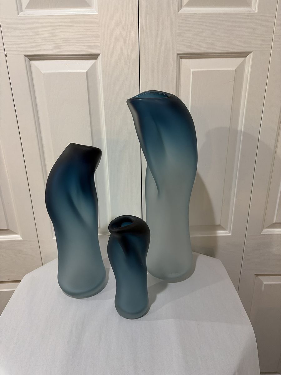 Set of 3 Huge Frosted Blue Glass Vases - Modern Decorative Home Decor Art Pieces(Super High End)